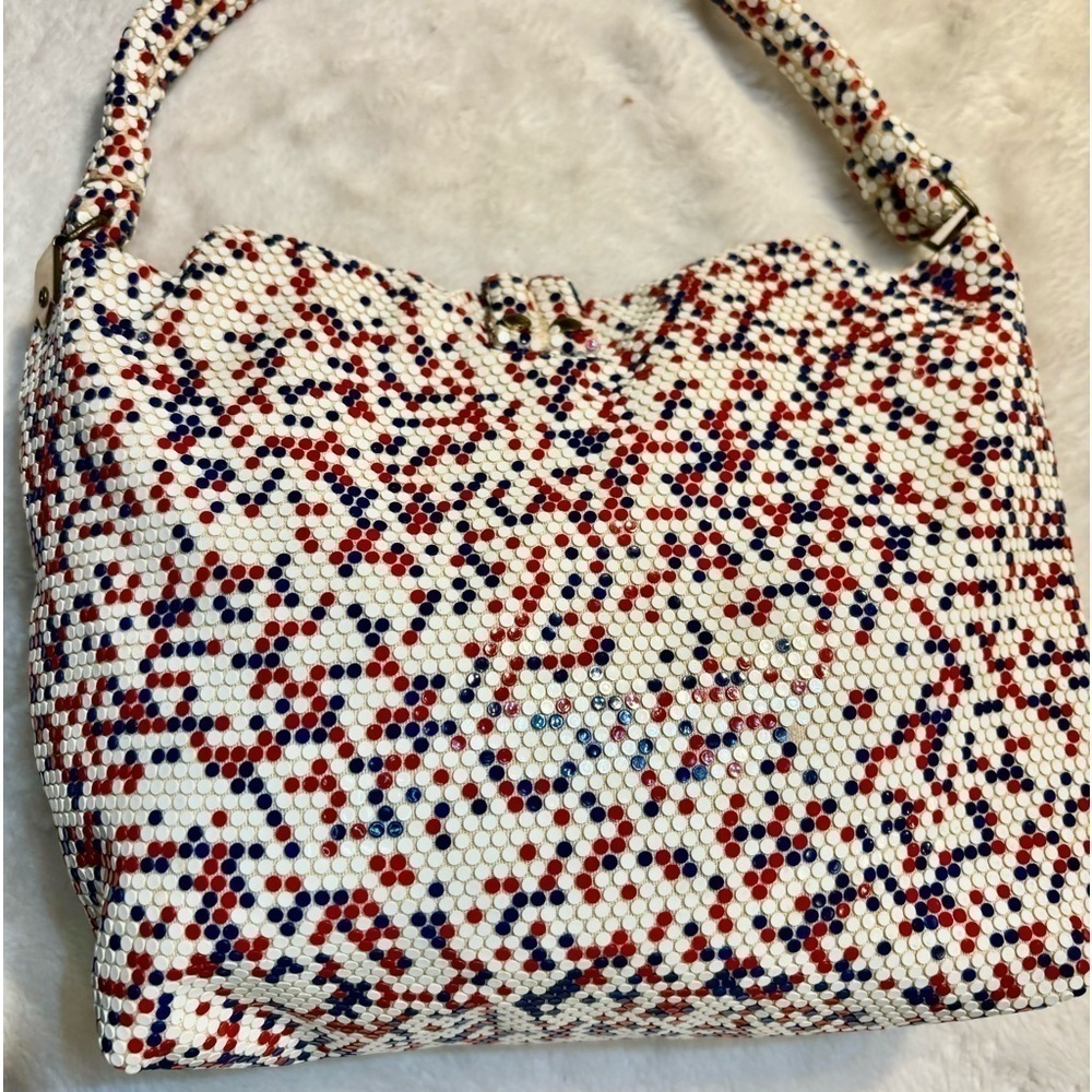 Lumured Vintage Purse Luma Mesh White Red Blue Flat Beaded Bag Bronze Hardware - Picture 5 of 14